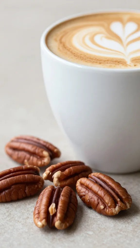 focused portrait of pecan halves beside latte cup