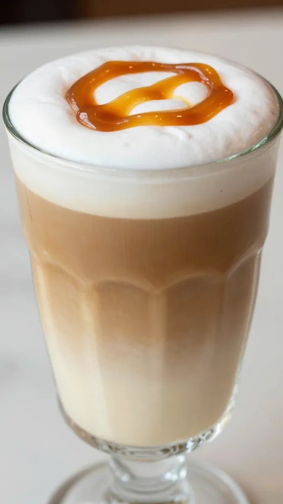 Closeup of salted caramel cheesecake iced latte in a glass