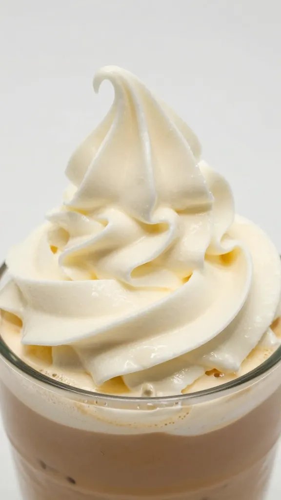 Closeup of creamy cheesecake swirl atop iced latte surface