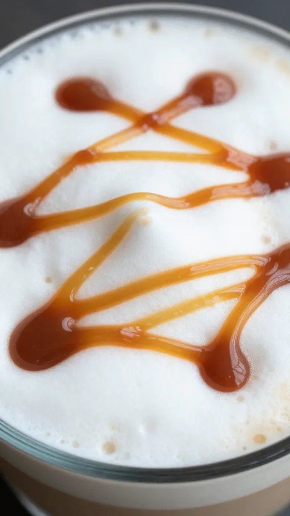 Closeup of salted caramel drizzle on frothy latte top