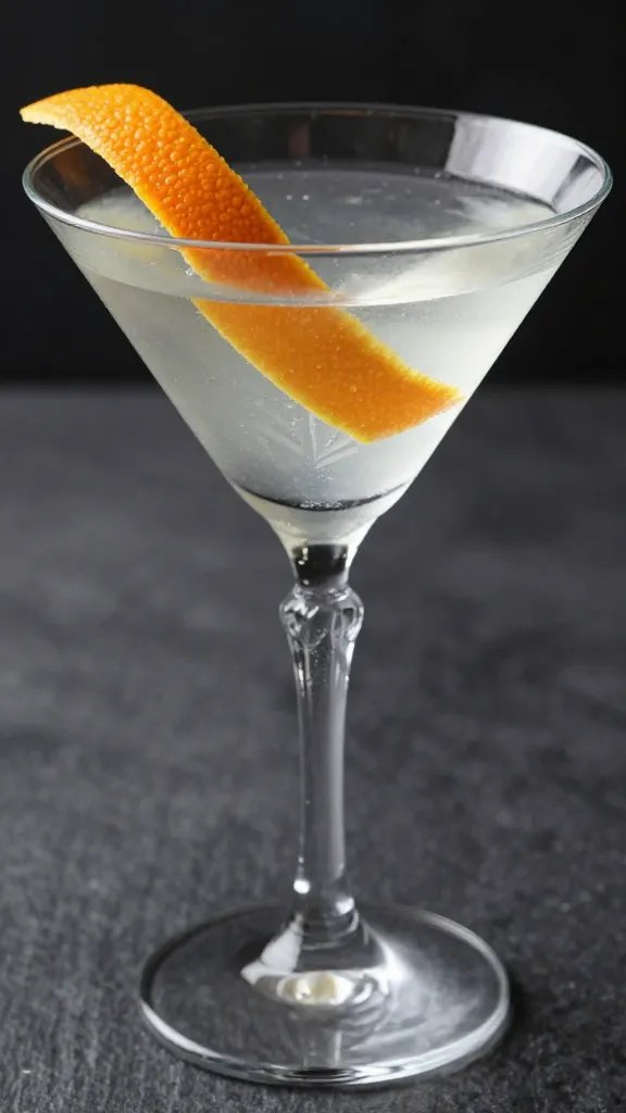 Closeup of a crystal martini glass with a pristine gin martini, twist orange peel