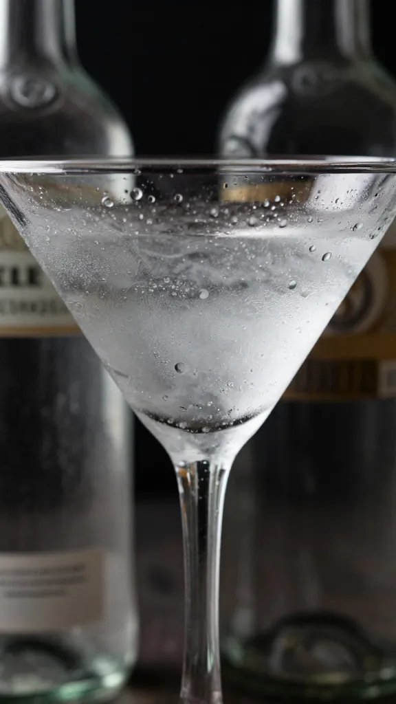 Closeup of a chilled martini bottle with clear condensation and vermouth bottle out of frame