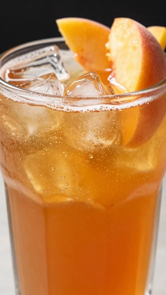 closeup of a sparkling peach iced tea glass with peach slices