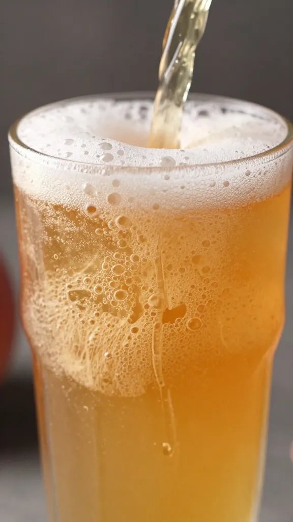 closeup of a frothy peach tea pour with bubbles in a tall glass