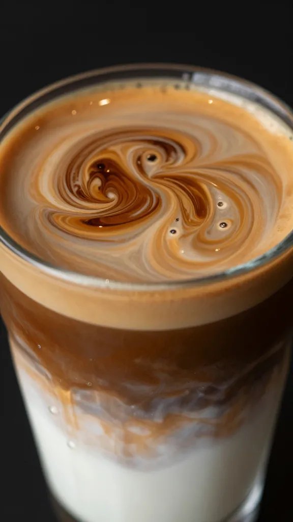 macro shot of coffee layer swirling in transparent frappe cup