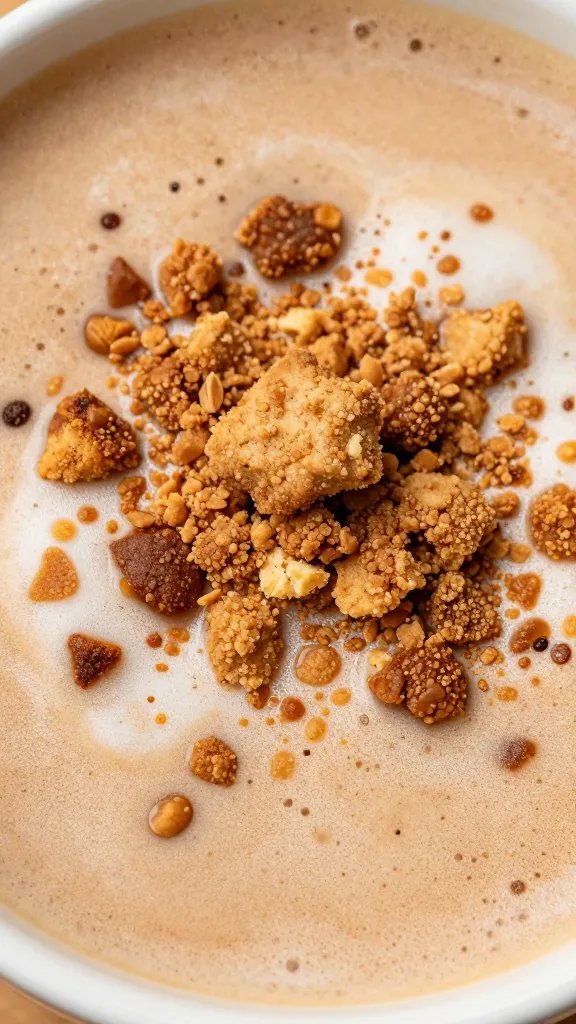 closeup of crunchy cookie crumbles atop frothy mocha surface