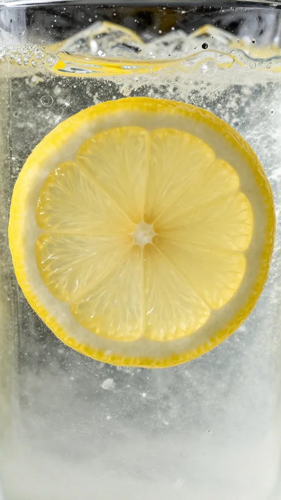 Closeup: single fresh lemon half on icy glass spritzer backdrop, sparkles in liquid