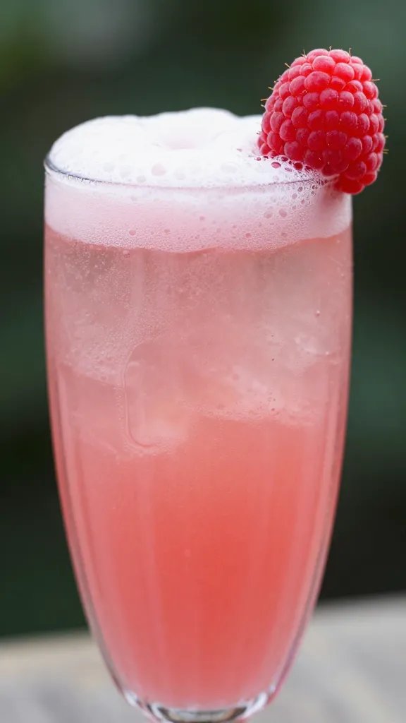 Closeup: single raspberry on rim of tall glass spritzer, pink glow and foam detail