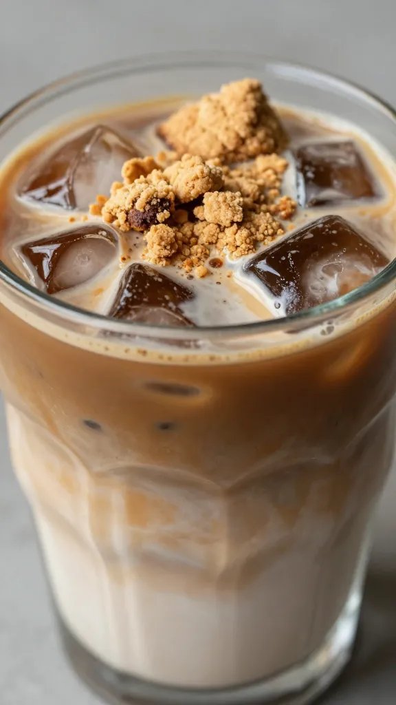 Closeup of a glass iced coffee with cookie crumble topping