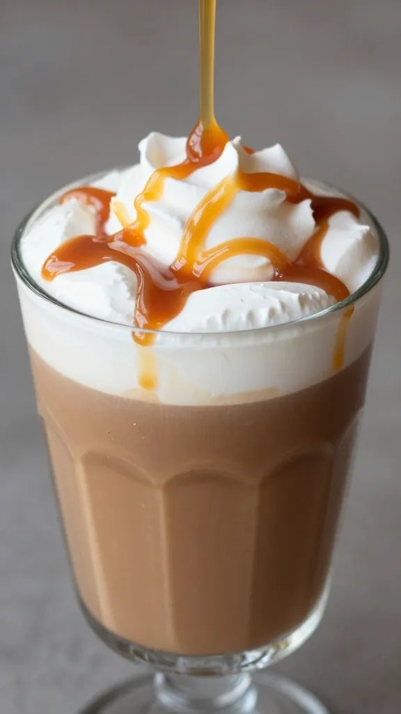 Closeup of caramel drizzle above a glass of caramel cheesecake iced mocha