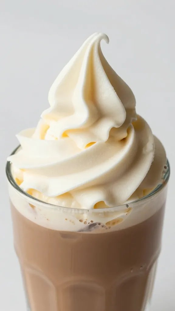 Closeup of creamy cheesecake swirl inside iced mocha glass