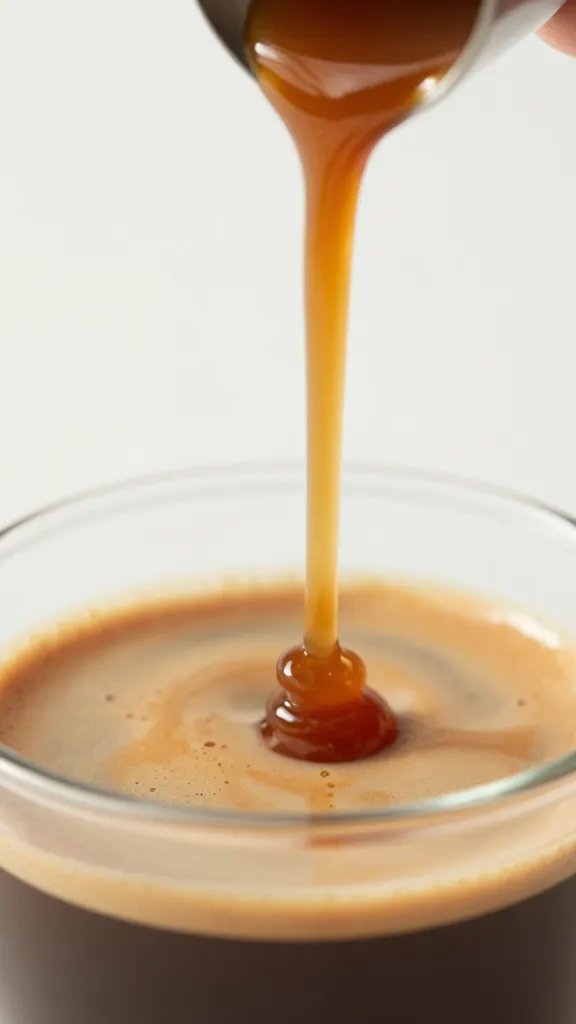 Closeup of espresso crema meeting caramel in a glass, minimal background