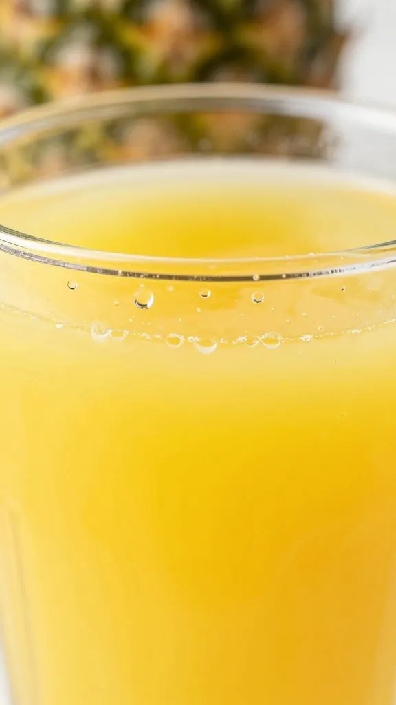 Focused shot of pineapple juice droplets on rim of glass