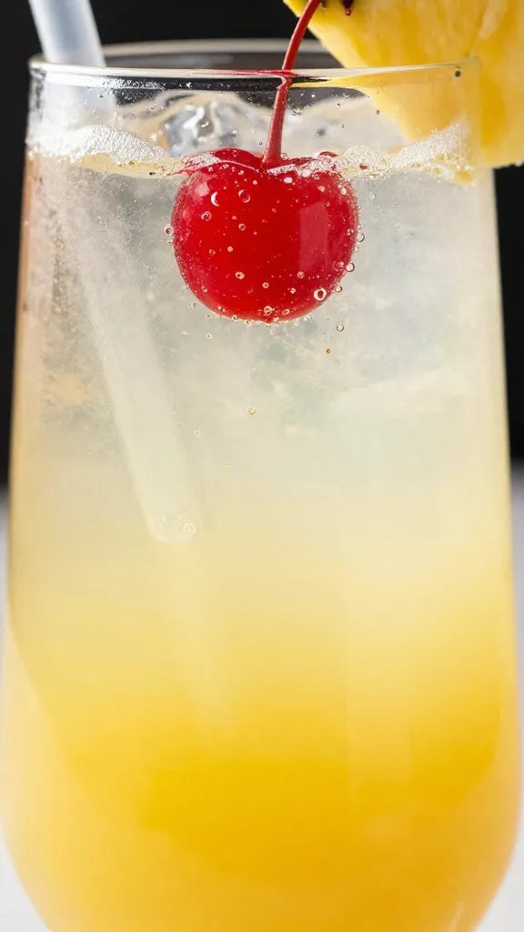 Closeup of fizz rising in cherry-pineapple mocktail glass
