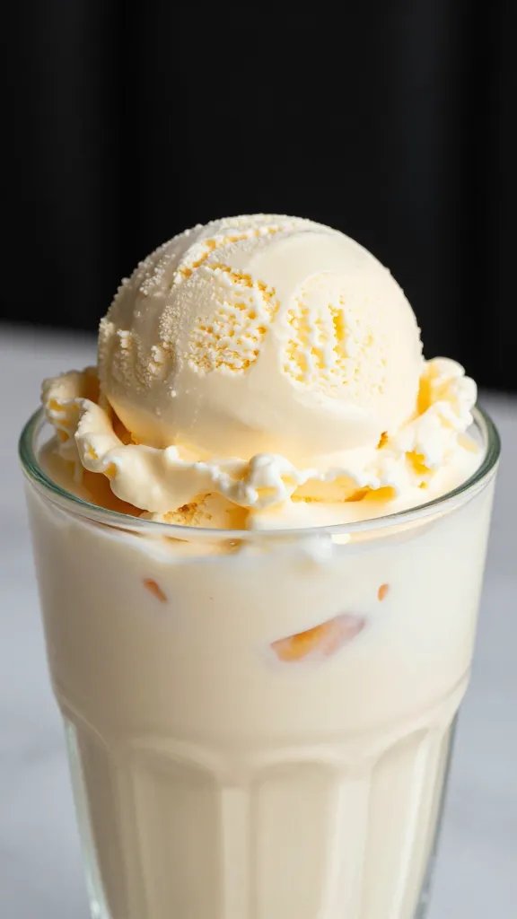 Closeup of peach pie float glass with vanilla ice cream scoop