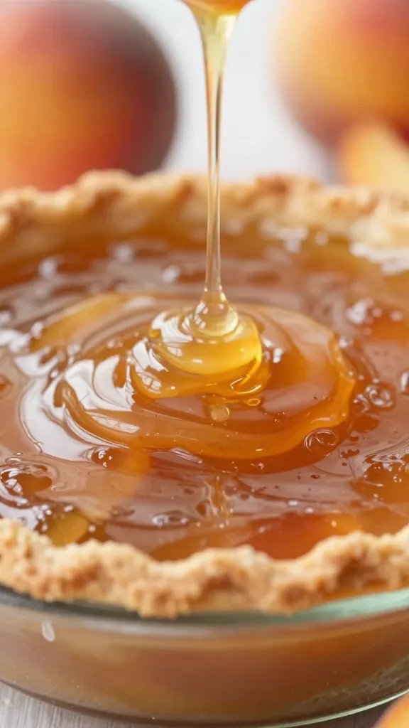 Closeup of peach pie filling drizzling over glass rim
