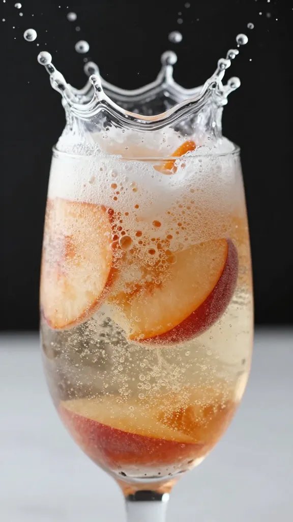 Closeup of fizzing soda splash inside a peach pie float glass