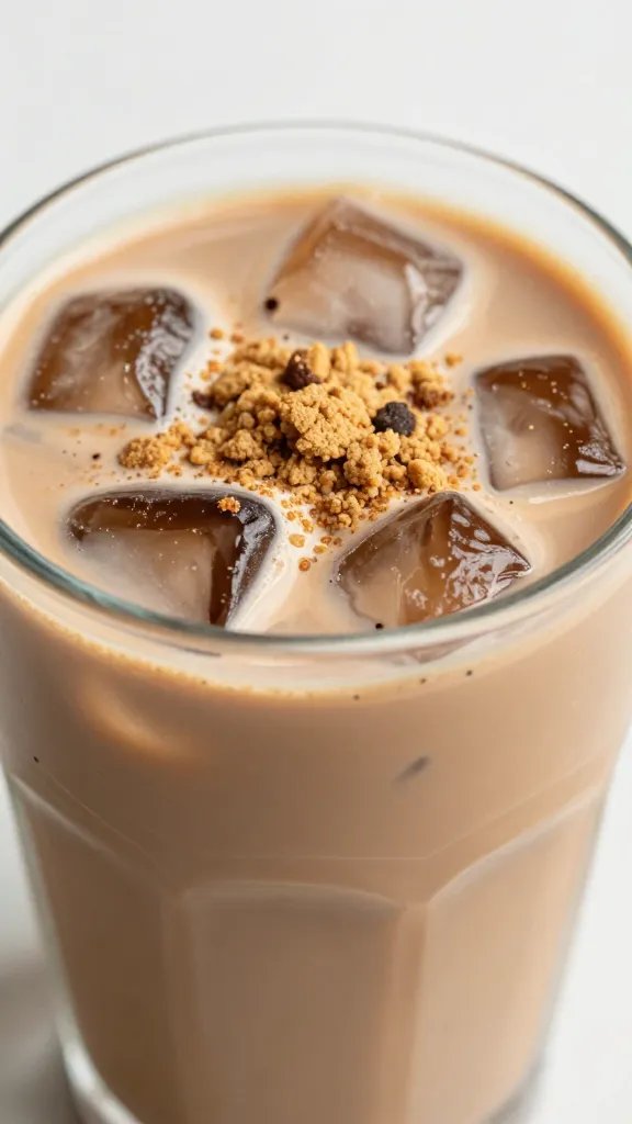 closeup mug of iced mocha cookie crumble latte with visible cookie crumble