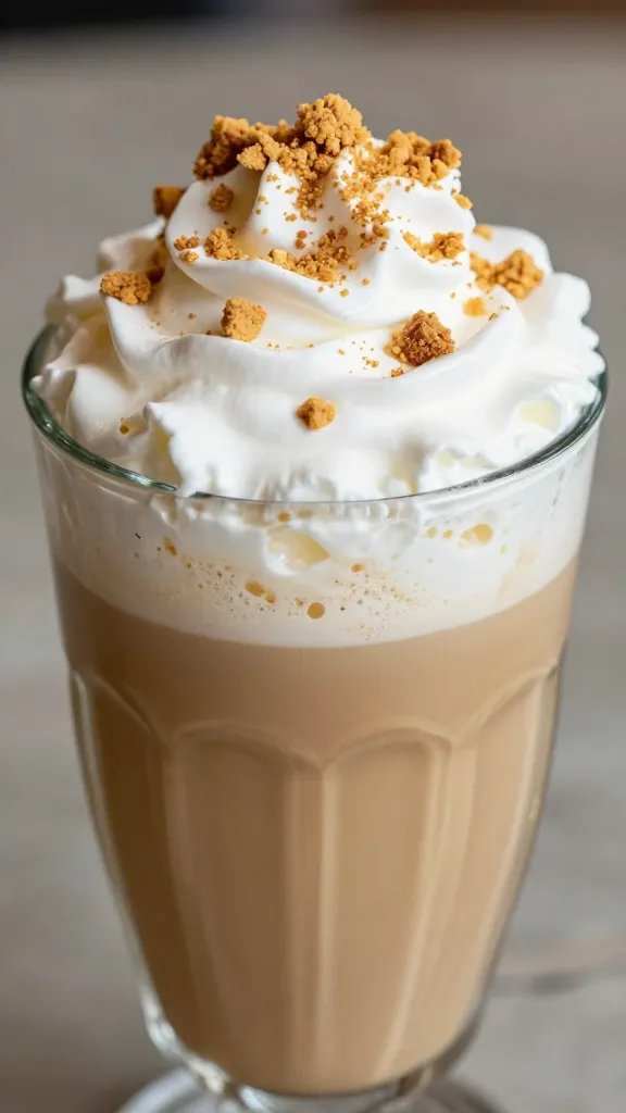 closeup glass latte highlighting whipped cream and cookie crumble texture