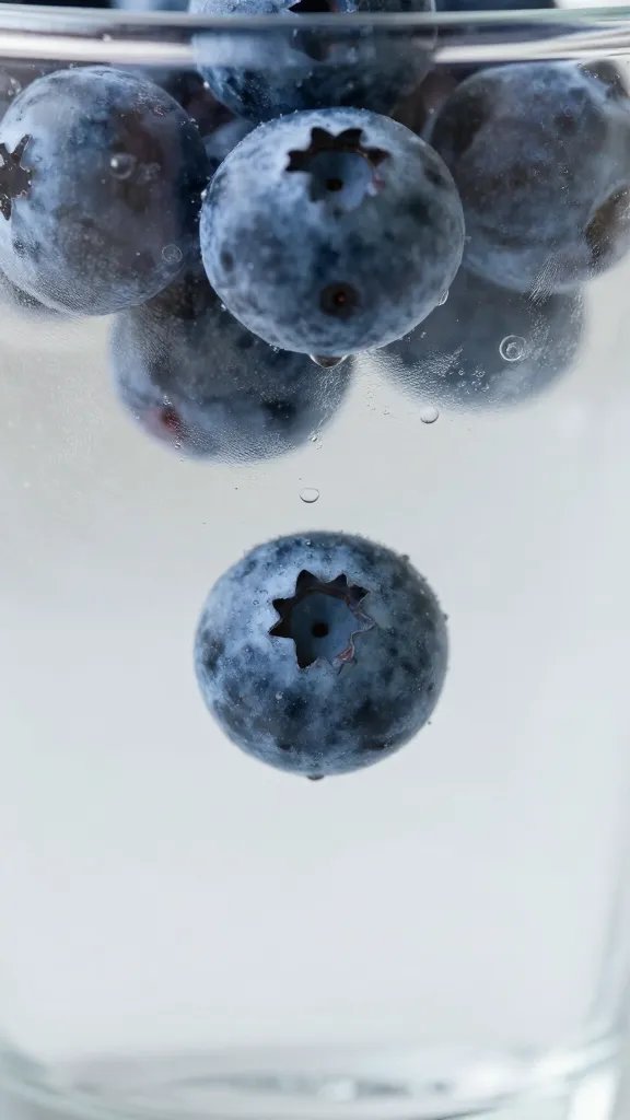 closeup of a single blueberry dropping into frosted glass