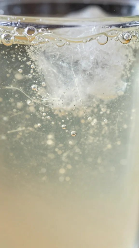 closeup of single fizz bubbles rising in lemonade glass