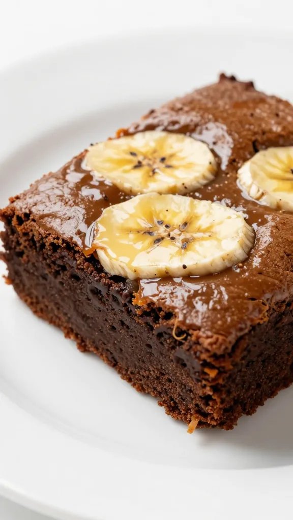 Closeup of a glossy banana bread brownie slice on a white plate