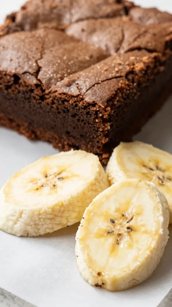 Closeup of ripe banana halves beside a baked brownie bar on parchment