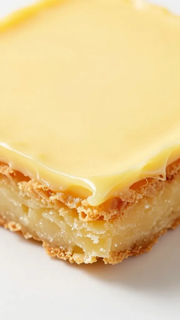 Closeup of buttery crust edge of lemon bar, sharp cut