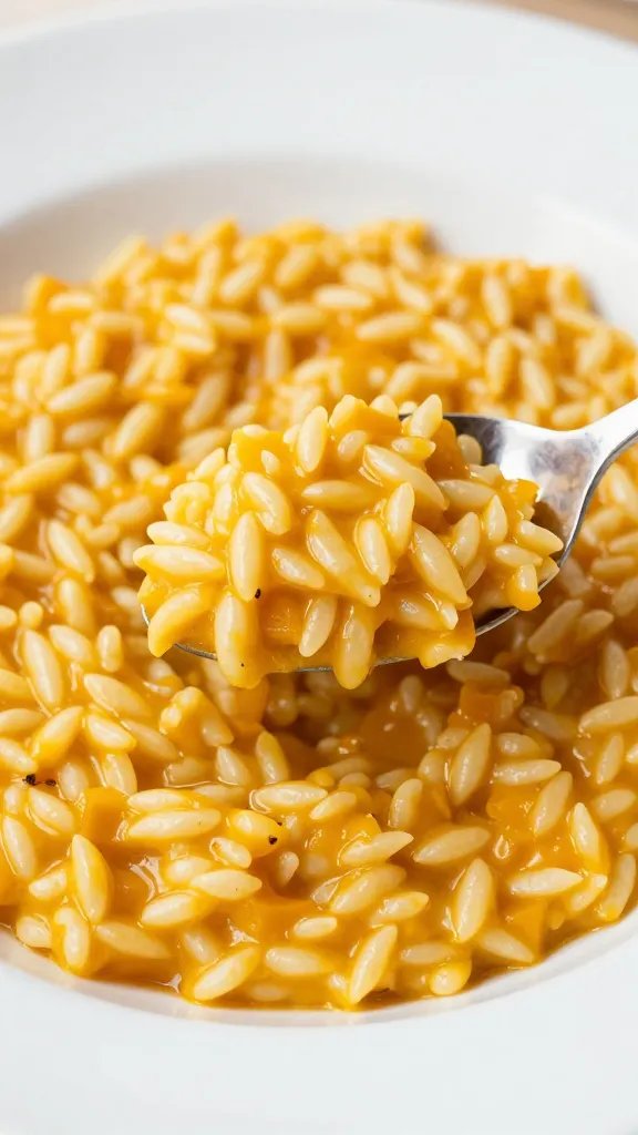 Closeup of creamy pumpkin risotto spooned into a white bowl