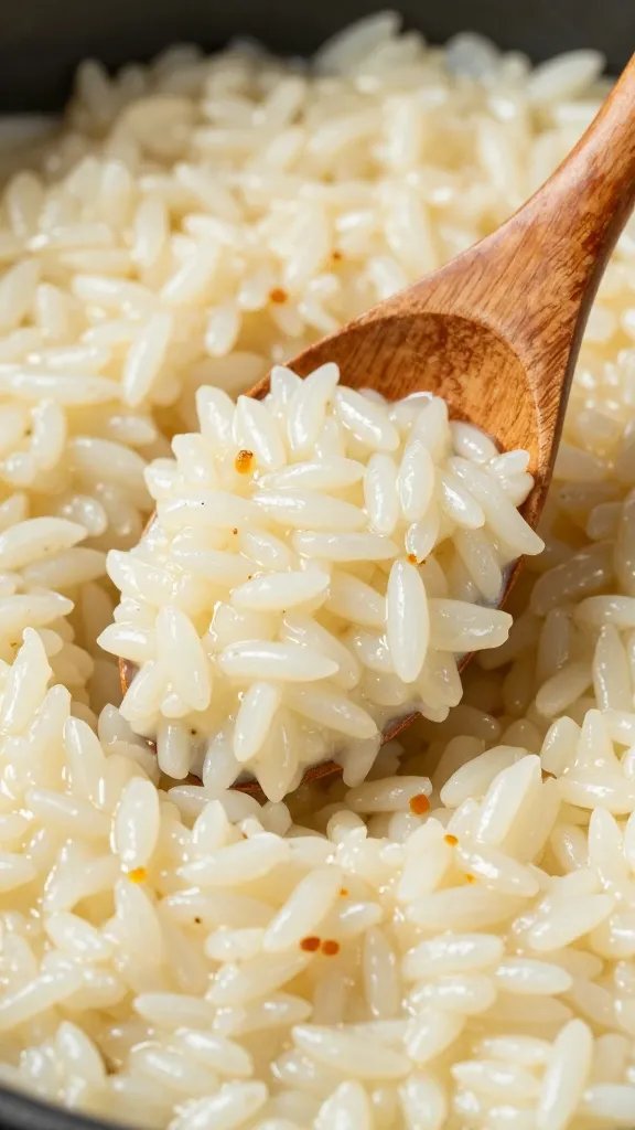 Closeup of silky risotto being stirred with a wooden spoon