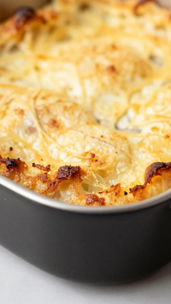 closeup of golden-brown crusted edge of casserole pan
