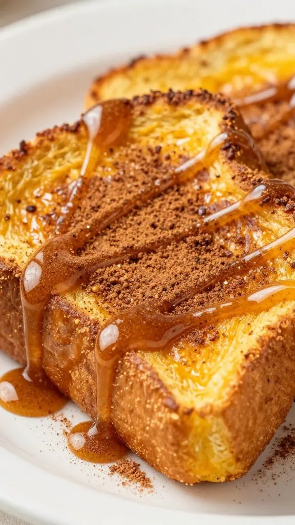 closeup of cinnamon-dusted syrup drizzle over pumpkin French toast slice