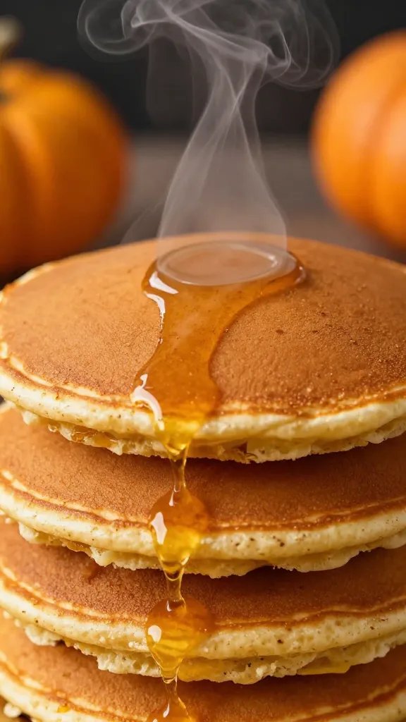 Closeup of fluffy pumpkin spice pancake stack with steam