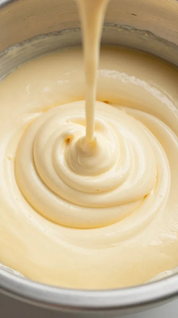 Closeup of whipped pancake batter being folded in bowl