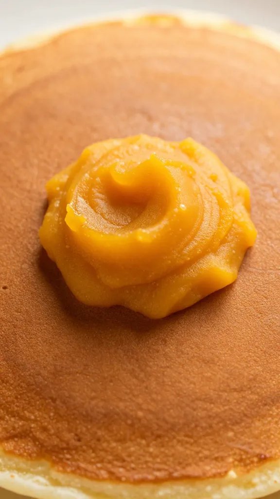 Closeup of pumpkin puree dollop on pancake surface