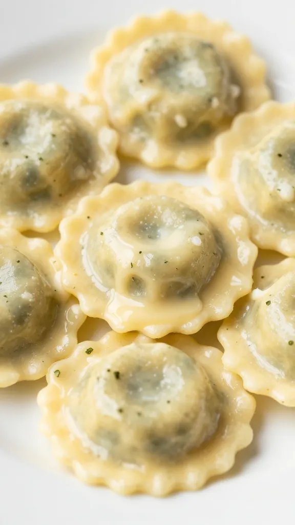 closeup of cheese ravioli with sage butter drizzle on plate