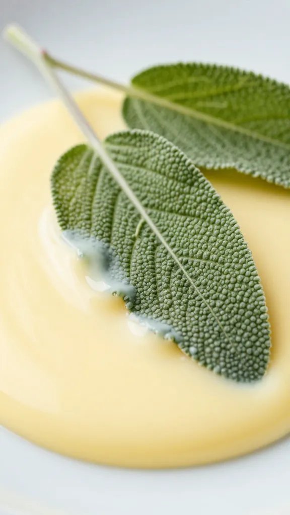 closeup of sage leaves resting atop melted butter sauce