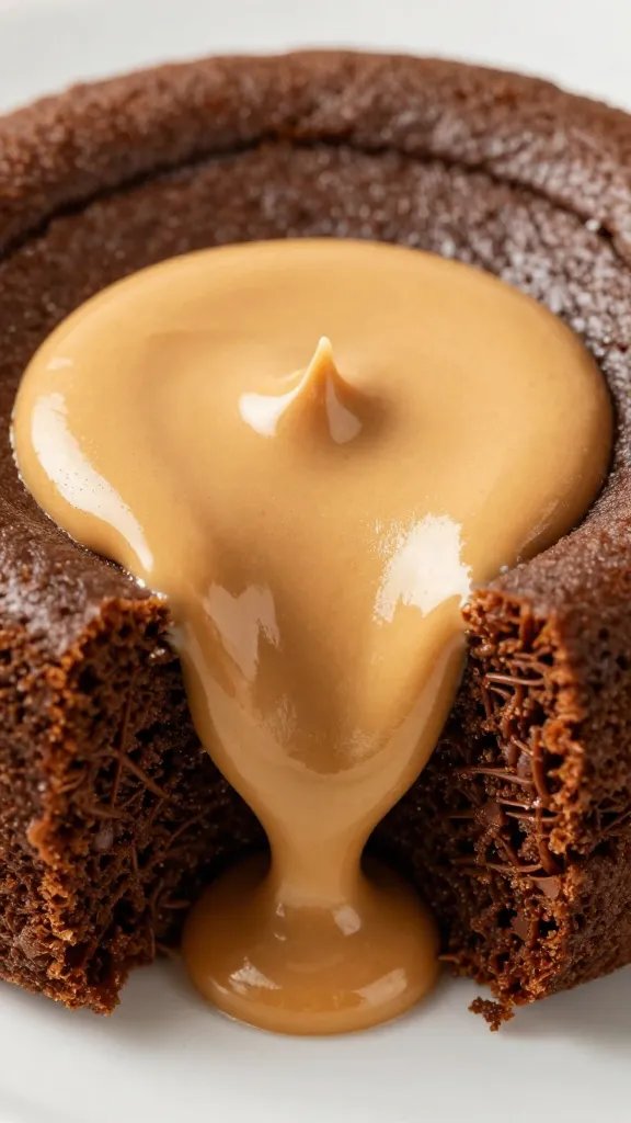 closeup of molten peanut butter center oozing from lava cake
