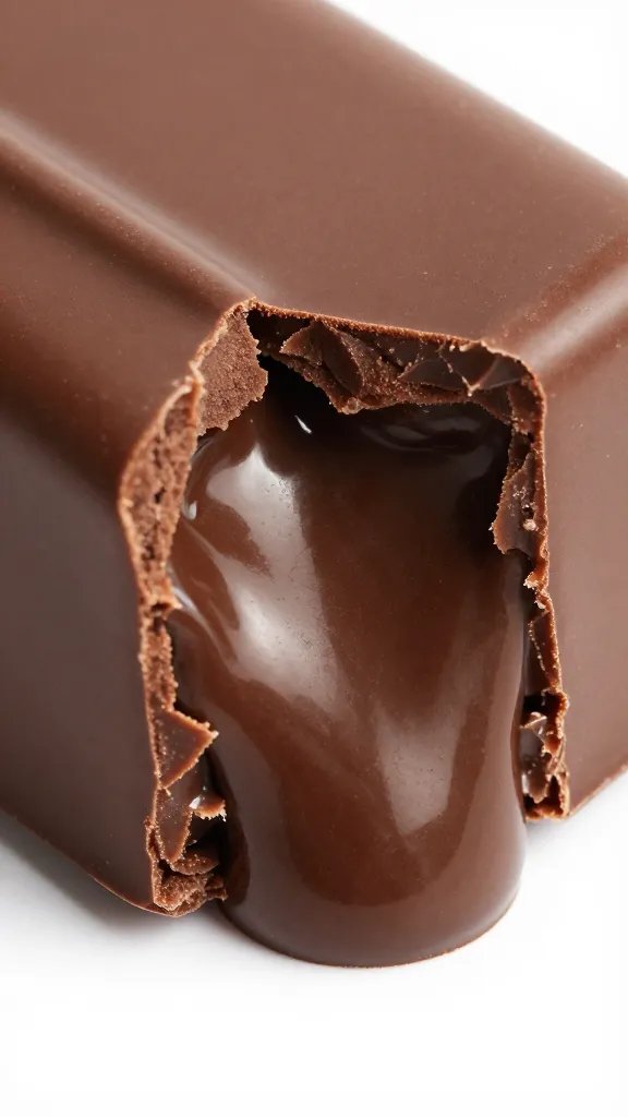 closeup of glossy chocolate exterior crack revealing gooey core