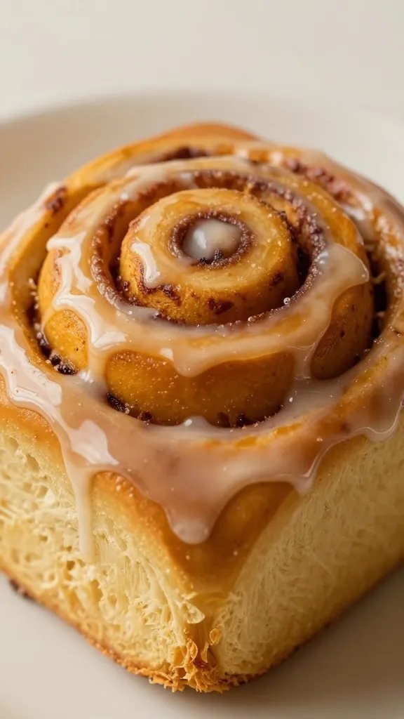closeup of a single pumpkin cinnamon roll, glossy icing, warm neutral lighting