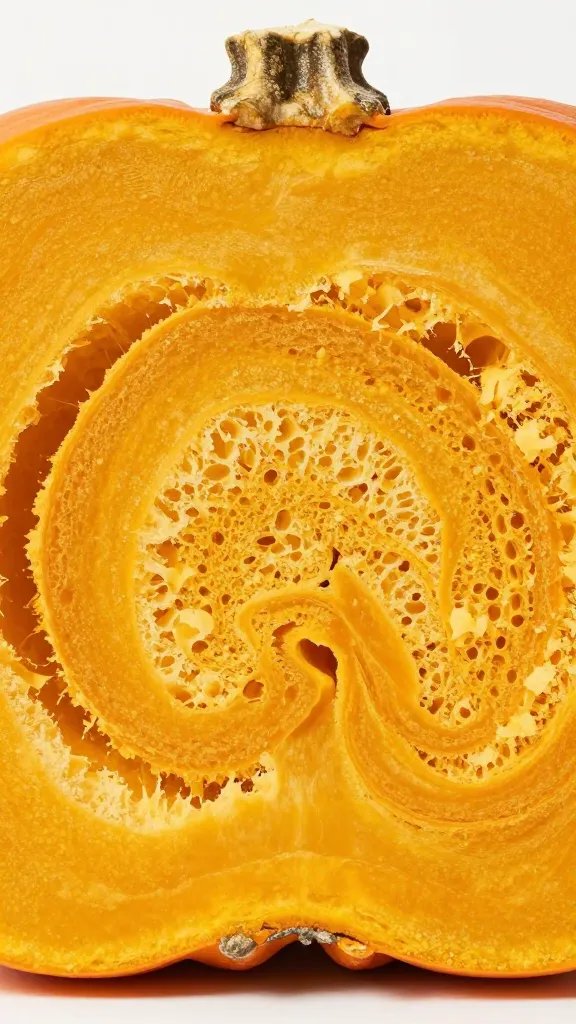 closeup of a single pumpkin swirl dough cross-section, soft crumb detail