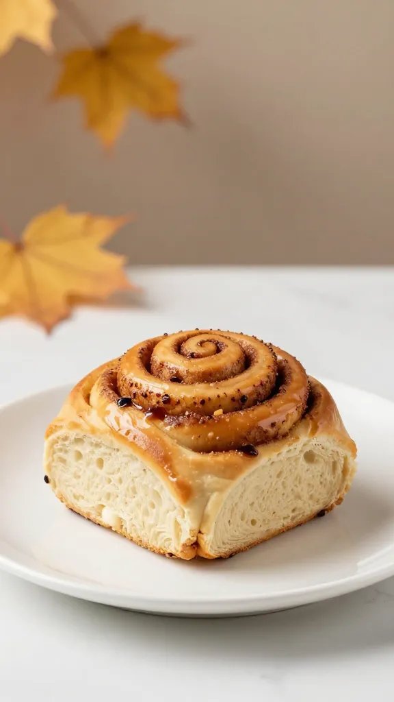 studio shot of a lone cinnamon roll on a white plate, subtle autumn backdrop blur