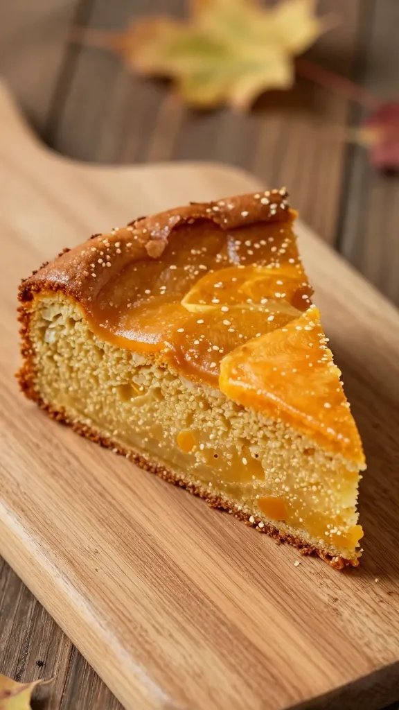 closeup of a single fall harvest cake slice on a rustic wooden board