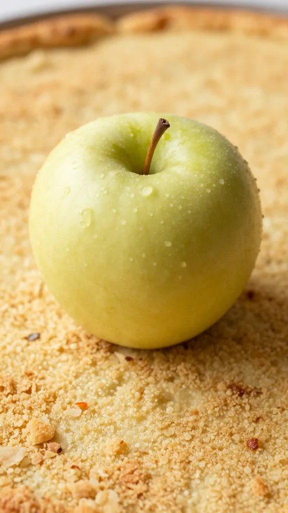 closeup of a single apple resting on crumbed cake surface