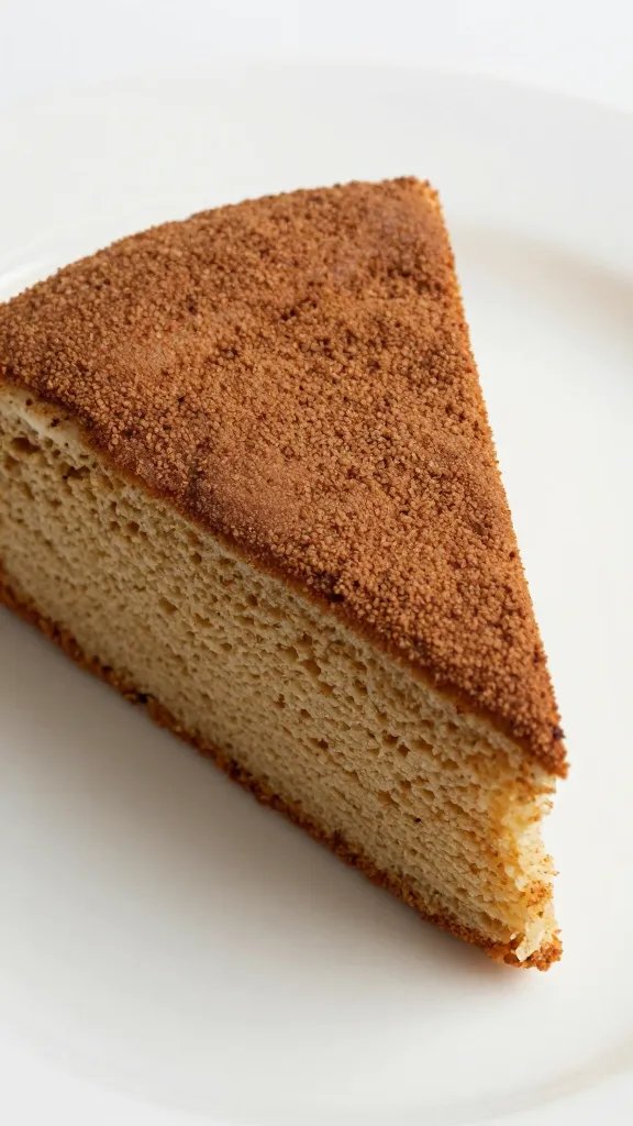 closeup of a single cinnamon-dusted cake slice on creamy white plate