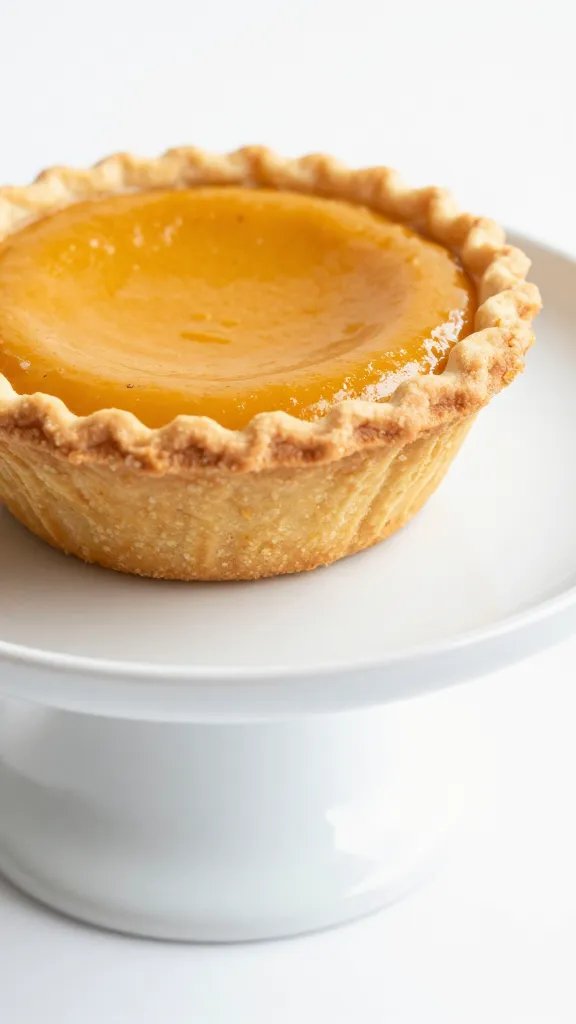 Closeup of a single pumpkin spice mini pie on a white pedestal plate