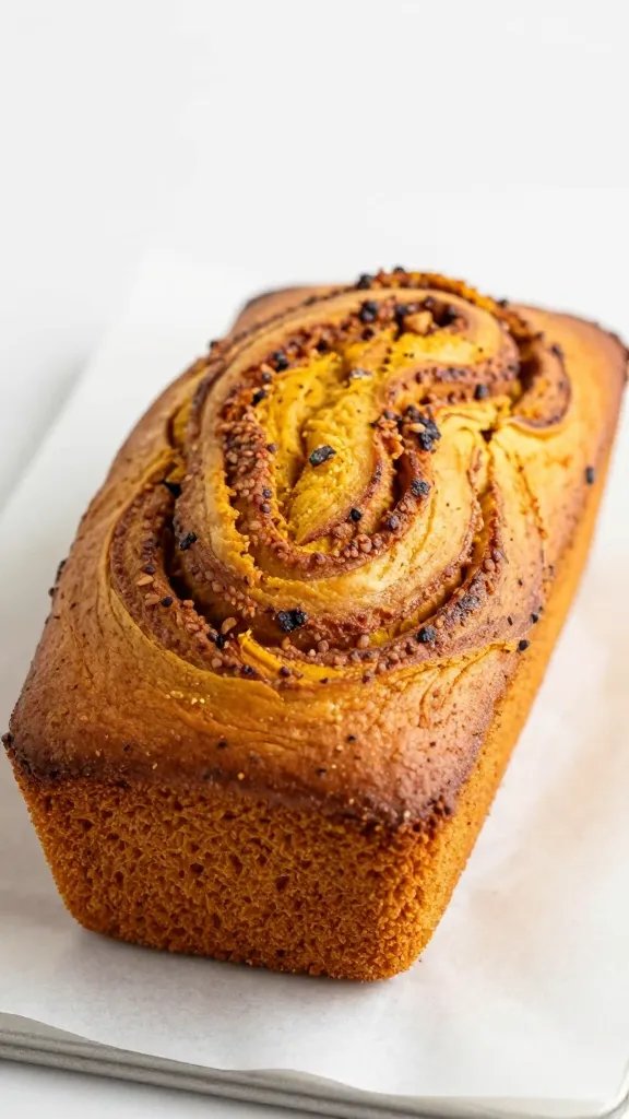 closeup of a cinnamon-swirl pumpkin bread mini loaf on parchment