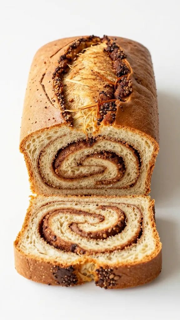 single mini loaf being sliced to reveal cinnamon swirl