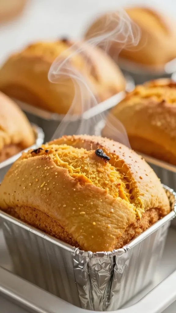 closeup of warm pumpkin bread aroma steam rising from foil-lined mini loaf