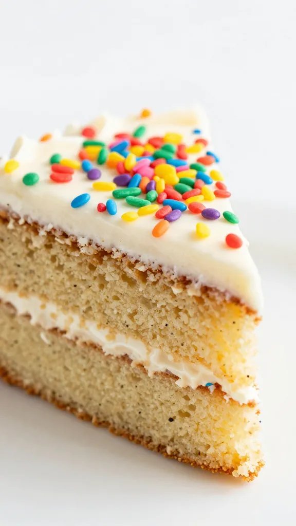 closeup of Funfetti cookie cake slice with frosting glaze